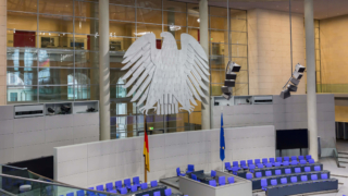 View on interior of the empty plenary hall of the German Federal Parliament (Deutscher Bundestag).