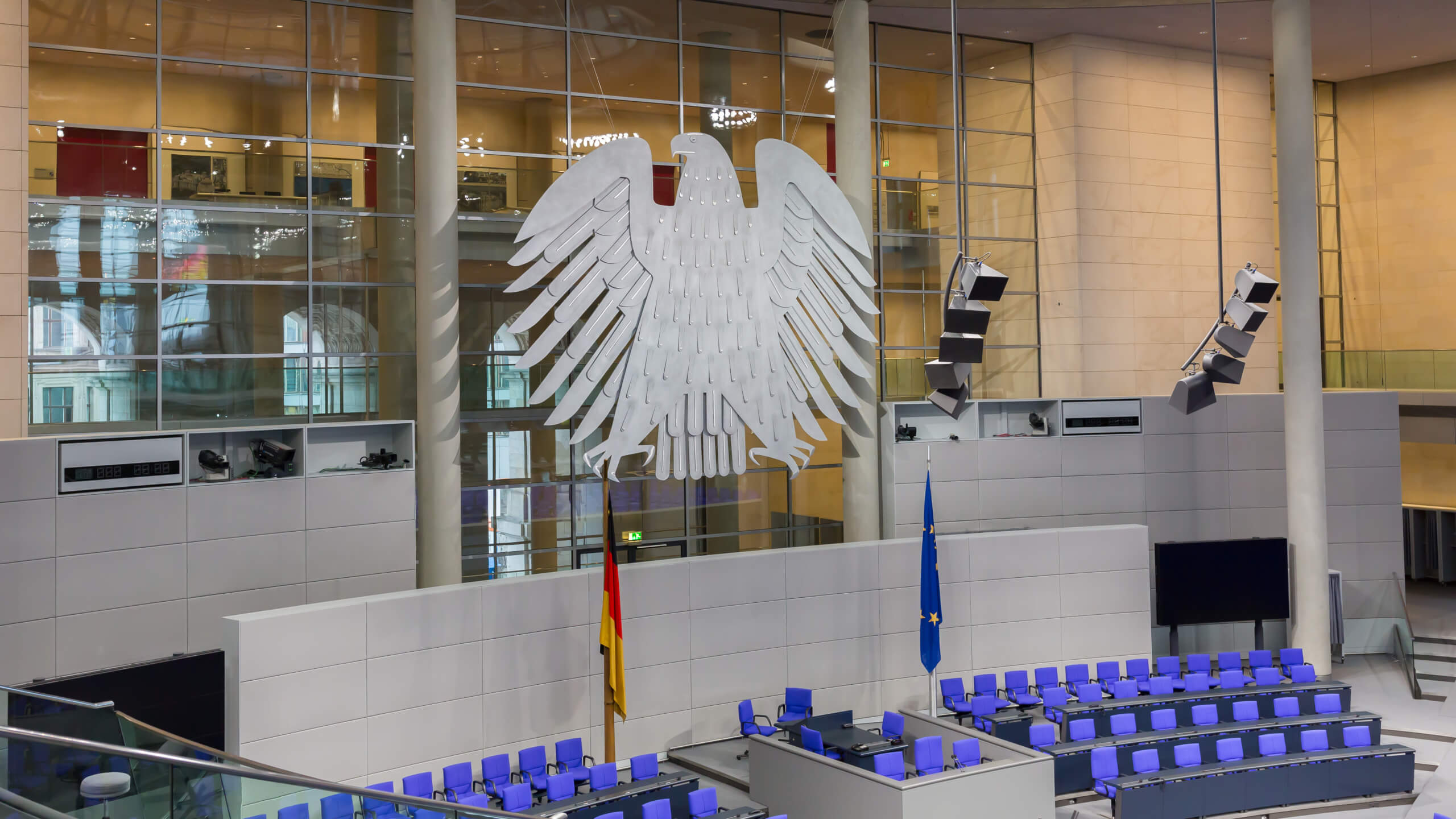 View on interior of the empty plenary hall of the German Federal Parliament (Deutscher Bundestag).